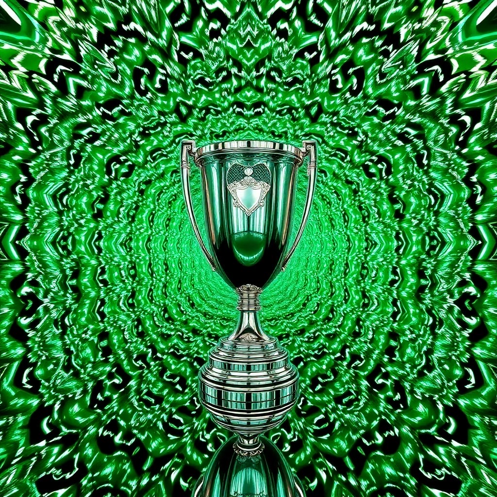 Prompt: A trophy reflected within a Fractal Infinity Mirror, creating endlessly repeating patterns and dimensions. Use shimmering silver and emerald green to produce a mesmerizing visual effect. --ar 3:2 --style raw - Seed: 971628241, Scale: 7.0, Steps: 40