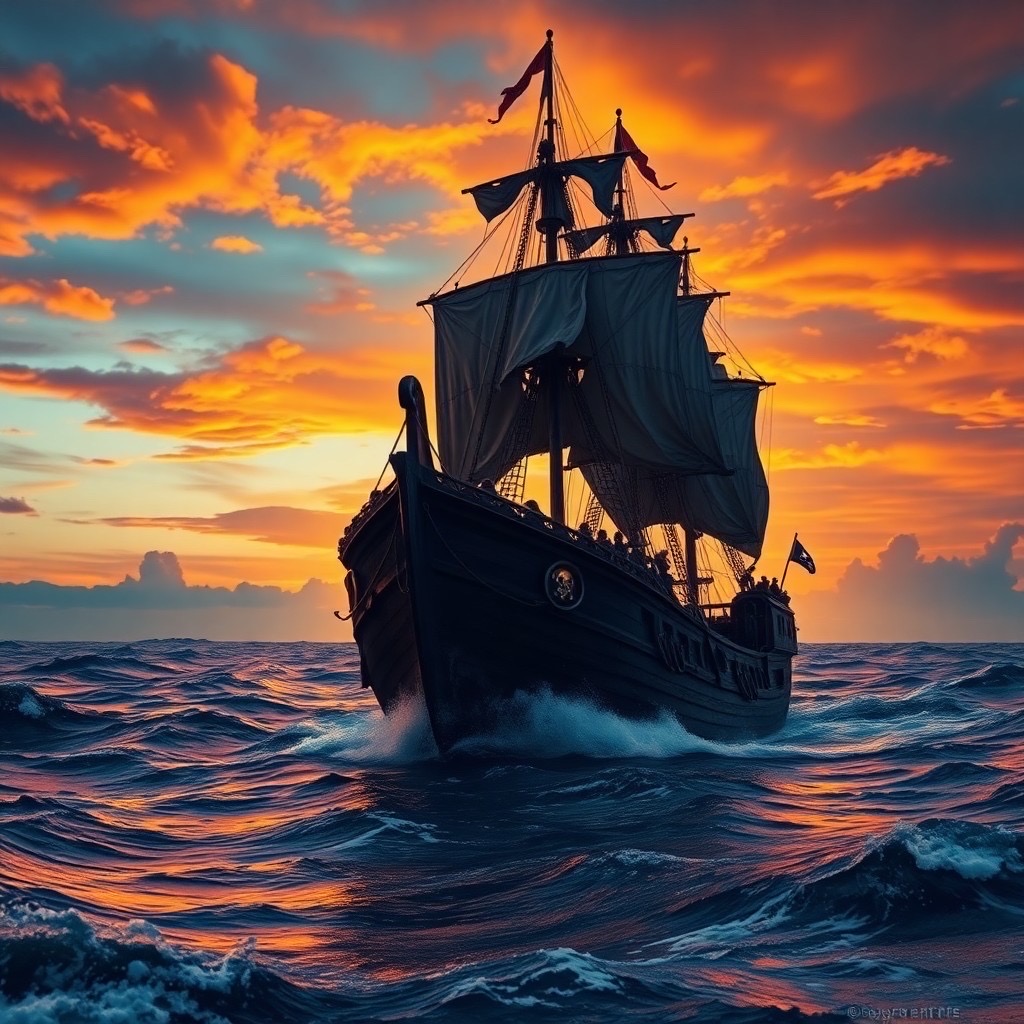 Prompt: a fierce pirate ship sailing through turbulent seas at sunset, the sky ablaze with orange and purple hues. the ship is adorned with tattered flags, and the crew can be seen preparing for a battle with plenty of detail. camera shot type: low angle, 50mm lens, capturing the majestic ship against the dramatic backdrop. style: vibrant and detailed (turbulent seas:1.3), (dramatic lighting:1.2), (intricate details:1.2). - Seed: 15834982, Scale: 7.0, Steps: 40