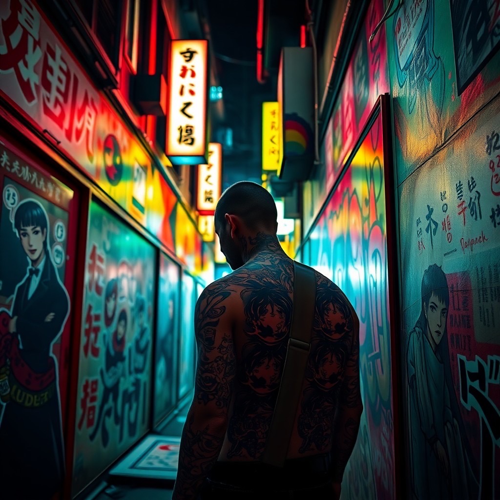 Prompt: yakuza: a neon-lit urban alley with shadowy figures clad in intricate tattoos, vibrant graffiti enveloping the walls, hyper-detailed illustrations reflecting a fusion of cyber manga and neo-traditional japanese art. environment infused with stencil art and modular constructivism. camera shot: environmental portraiture with a 50mm lens, capturing the dynamic contrast of light and shadow. style: luminous and gritty, highlighting the cultural essence and urban complexity. (high resolution:1.5), (hyper-detailed:1.3). - Seed: 86592497, Scale: 7.0, Steps: 40