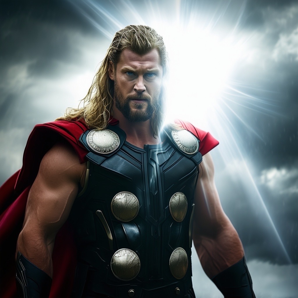 Prompt: a powerful portrayal of thor standing in the limelight, surrounded by a dramatic setting with bright white light and intense spotlight illuminating him with focused brilliance. the environment is outdoor, featuring roaring storm clouds in the background, creating a dynamic atmosphere. camera shot: close-up, using a 50mm lens from a low angle to emphasize his majesty. style: radiant and heroic, emphasizing the divine and strong character of thor against a vivid contrast of light and shadow. - Seed: 918663460, Scale: 7.0, Steps: 40
