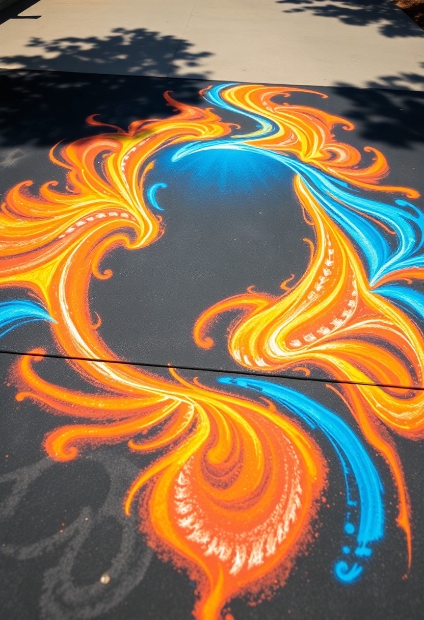 Prompt: a chalk art street illustration of a portal opening to another dimension: vibrant orange and electric blue swirling together, creating a mesmerizing, luminous effect on the pavement. the environment is outdoor, illuminated by natural daylight, casting soft shadows. shot in a low angle, capturing the intricate details of the chalkwork. style: vibrant, whimsical, and surreal (vibrant colors:1.3), (electric blue:1.2), (intricate details:1.5). - Seed: 884094630, Scale: 7.0, Steps: 40