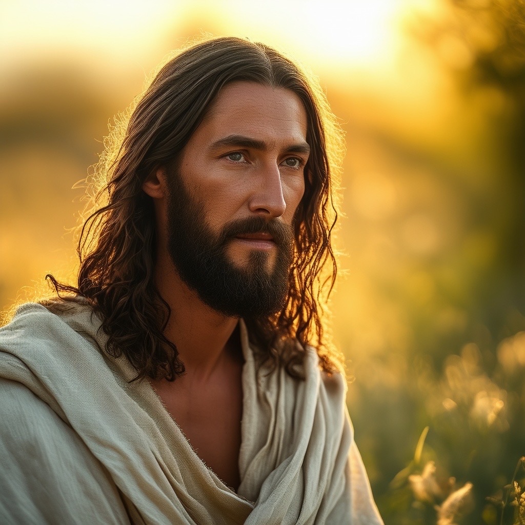 Prompt: a realistic outdoor portrait of jesus christ: showcasing him with long flowing hair, a compassionate smile, and robes gently fluttering in the breeze. the setting is a sunlit meadow surrounded by lush greenery, with soft golden hour lighting creating a warm halo effect around him. shot in close-up with a 50mm lens, high angle, capturing his serene expression against a vibrant sky. style: hyper-realistic (natural light:1.3), (detailed textures:1.2), (verdant colors:1.1). - Seed: 988972738, Scale: 7.0, Steps: 40