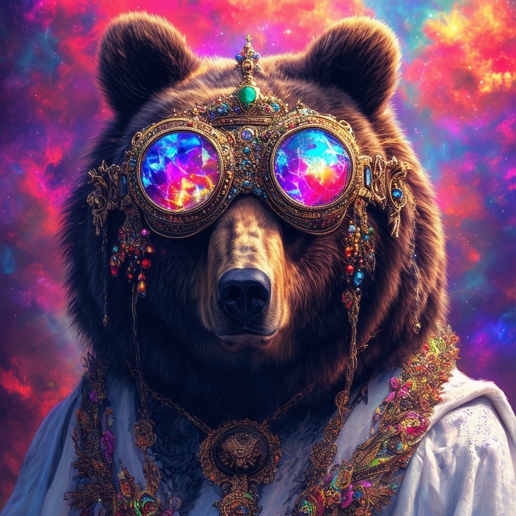 Prompt: a beautiful grizzly bear standing tall and confident, showcasing pronounced, overwhelming anti-gothic toned facial features. the bear dons a large, ornate king's headdress and oversized, elaborate goggles crafted from colorful, translucent crystals, reflecting a nebula of colors. its fur is adorned with stunning irezumi fluorescent and bright tattoos, while the bear is dressed in white, anti-gothic attire that enhances its gothic appearance. the background features a nebulous, psychedelic chaotic scenery filled with vibrant colors. style: surreal, vibrant, highlighting the whimsical essence of the scene. - Seed: 37333015, Scale: 7.0, Steps: 40