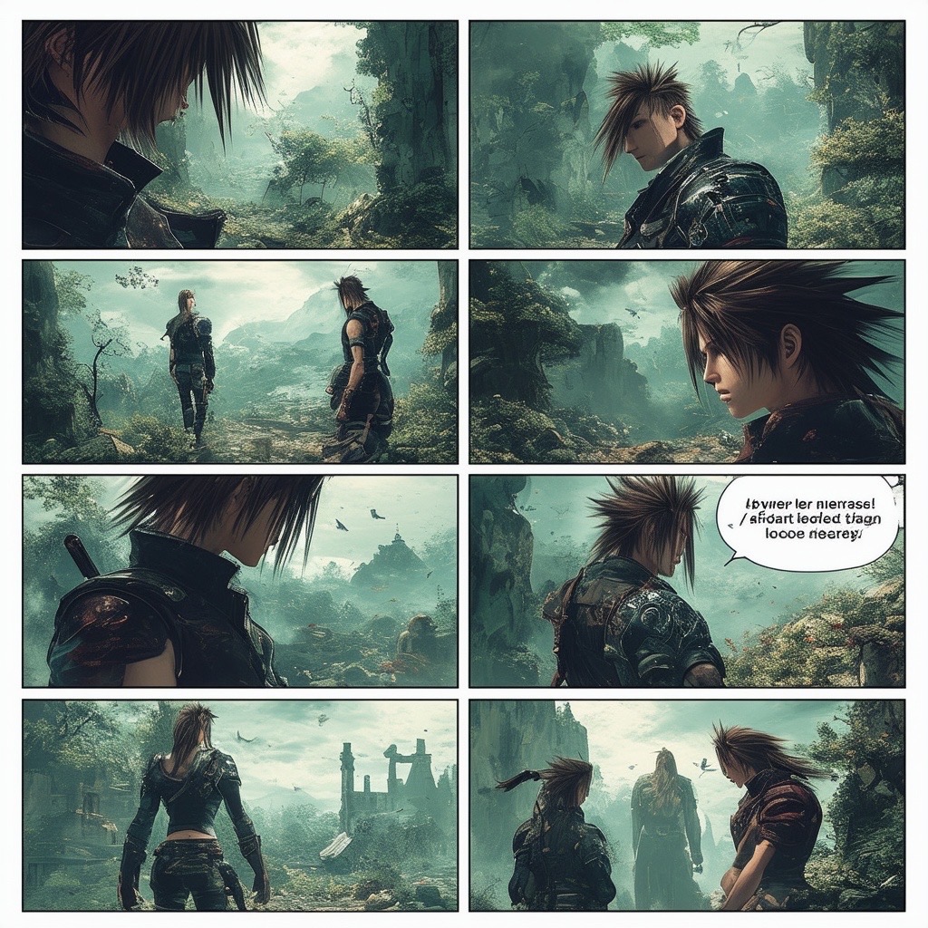 Prompt: A photorealistic comic style page telling the story in several dramatic scenes of Final Fantasy 7 with multiple narratives, in the style of romantic comics, vibrant patterns, bucolic scenes, graffiti-inspired illustrations, romantic conception, each scene flowing into the next with interconnected frames that reveal a story of valor and introspection. Surrounded by mystical creatures and symbolic objects--all seamlessly integrated into the surroundings, enhancing the sense of a timeless quest. Rendered in the style of photorealistic romantic graphic novels, with a muted, sophisticated color palette punctuated by strategic splashes of vibrant color. Inspired by French avant-garde, the imagery possesses a dreamlike, mystical quality, with delicate, intricate linework that blurs fantasy and reality, capturing the essence of romance and adventure. - Seed: 774111383, Scale: 7.0, Steps: 40