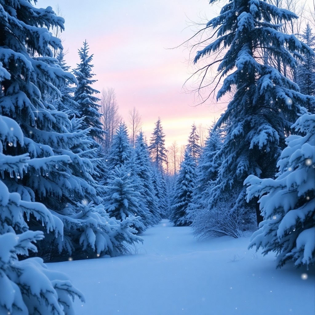 Prompt: a whimsical winter wonderland scene featuring a snow-covered forest with evergreens adorned with sparkling ice crystals, glimmering like diamonds under the soft glow of twilight. the environment is an outdoor setting, with gentle snowflakes falling from a pastel sky. camera shot: panoramic view with a 35mm lens, capturing the expansive beauty of the snowy landscape. style: ethereal and enchanting, evoking a sense of magic and tranquility (winter wonderland:1.5), (soft glow:1.3). - Seed: 556468990, Scale: 7.0, Steps: 40
