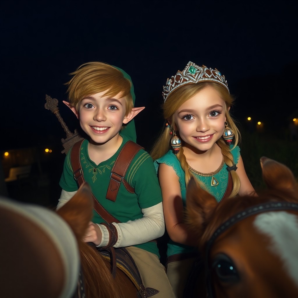 Prompt: !Selfie of happy Link and Princess Zelda riding horses taking a selfie, Zelda Breath of the Wild, kakariko village, evening, dark, pale skin, no makeup, light particle, analog, very detailed eyes, upper body, detailed skin, 20 megapixel canon eos r3, detailed freckles skin, detailed, detailed face, movie grain - Seed: 138881922, Scale: 7.12, Steps: 50