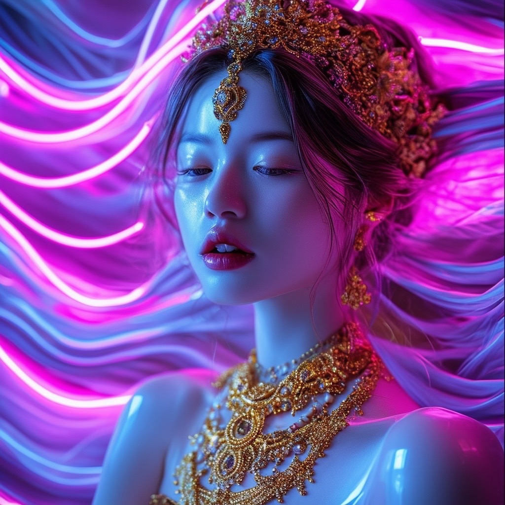 Prompt: a porcelain beauty portrait adorned with intricate golden ornaments, set against a backdrop of mesmerizing neon waves. the scene is illuminated with soft light that highlights the delicate features and elaborate jewelry of the subject. the composition is shot in a close-up view capturing the luminosity and vibrancy of the colors. style: surreal, ethereal (neon waves:1.3), (intricate:1.2), (radiant:1.4). - Seed: 941520881, Scale: 7.0, Steps: 40