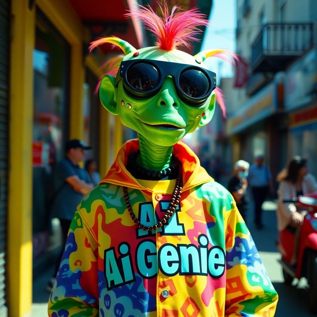 Prompt: A bold, colorful street-style photo captured on Lomography LomoChrome green film, showcasing a lively alien creature wearing a vibrant outfit with big text AI Genie on it and with vivid patterns and accessories, accentuated by radiant natural lighting - Seed: 494771480, Scale: 7.0, Steps: 40