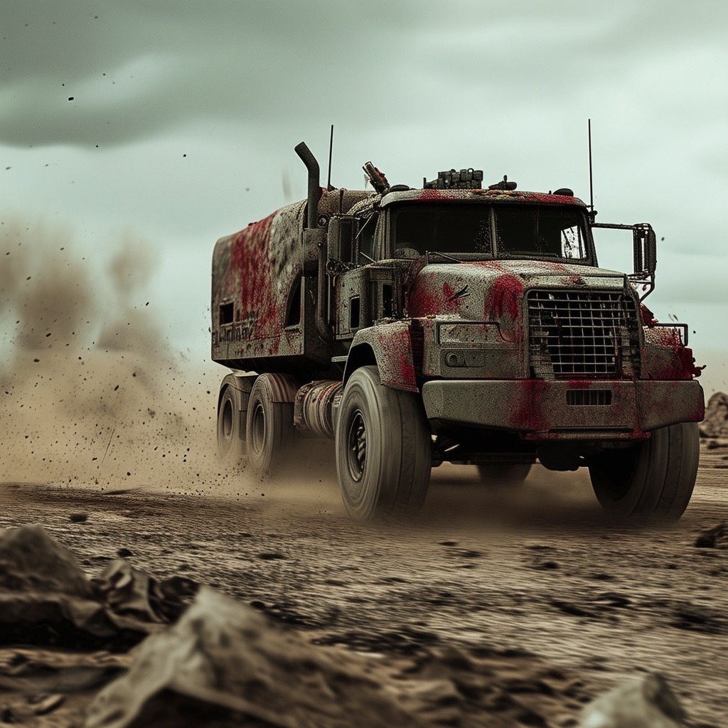 Prompt: a heavily armed truck racing across a desolate landscape in a post-apocalyptic wasteland chase: a dusty palette of dried blood and stormy gray, featuring wrecked vehicles and swirling dust clouds. camera shot: low angle, lens: 50mm, creating a dramatic perspective. style: raw, emphasizing the gritty and chaotic atmosphere of survival. - Seed: 632497326, Scale: 7.0, Steps: 40