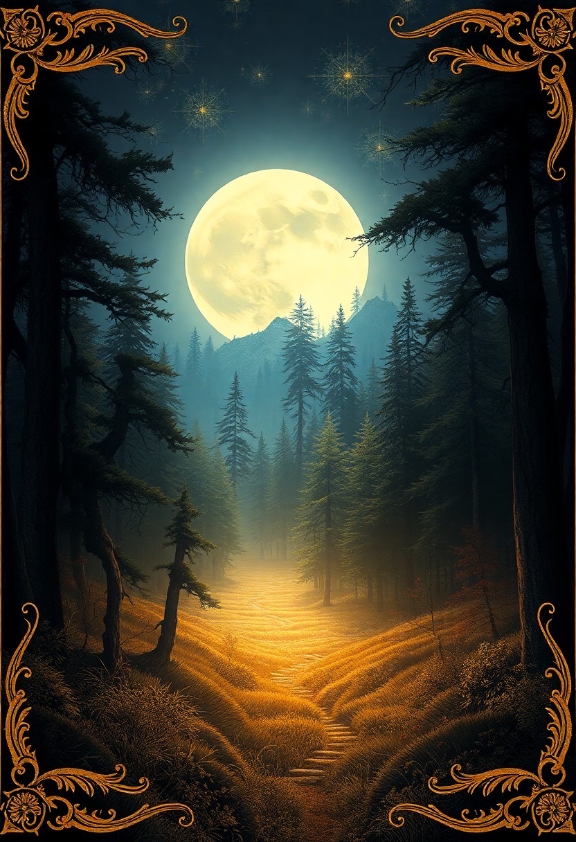 Prompt: Fantasy book cover, full moon, fantasy forest landscape, golden vector elements, fantasy magic, dark light night, intricate, elegant, sharp focus, illustration, highly detailed, digital painting, concept art, matte, art by WLOP and Artgerm and Albert Bierstadt, masterpiece - Seed: 855311754, Scale: 9.87, Steps: 30