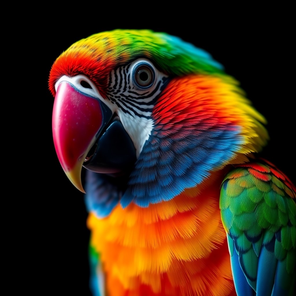 Prompt: a macro shot of a parrot: vividly colorful feathers illuminated softly against a dark background, creating a cinematic atmosphere with film grain texture. the parrot is facing the viewer, showcasing intricate details in its plumage and expressive eyes. camera shot: close-up, 50mm lens, capturing every nuance. style: vibrant and pixelated (colorful feathers:1.4), (film grain:1.3), (64 bits pixel art:1.5). - Seed: 520656925, Scale: 7.0, Steps: 40