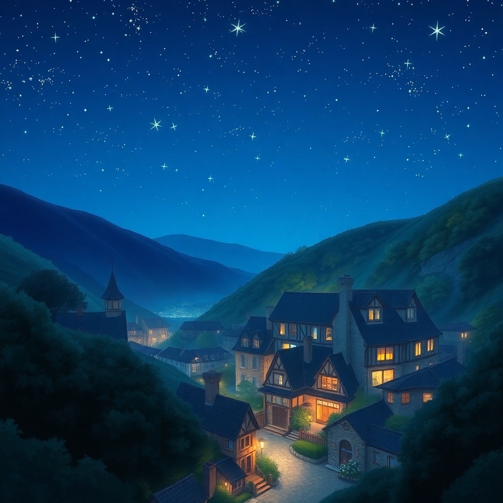 Prompt: a captivating scene styled after studio ghibli, showcasing a tranquil night sky in midnight blue, filled with shining stars above a quaint village with whimsical architecture. lush, curving hills surround the village, illuminated by soft, warm lighting that enhances its charm. the shot is a mid-angle perspective taken with a 35mm lens, allowing for a balanced view of the enchanting details. style: magical realism, whimsical, (midnight blue:1.5), (charming:1.3), (dreamy:1.2). - Seed: 725175539, Scale: 7.0, Steps: 40