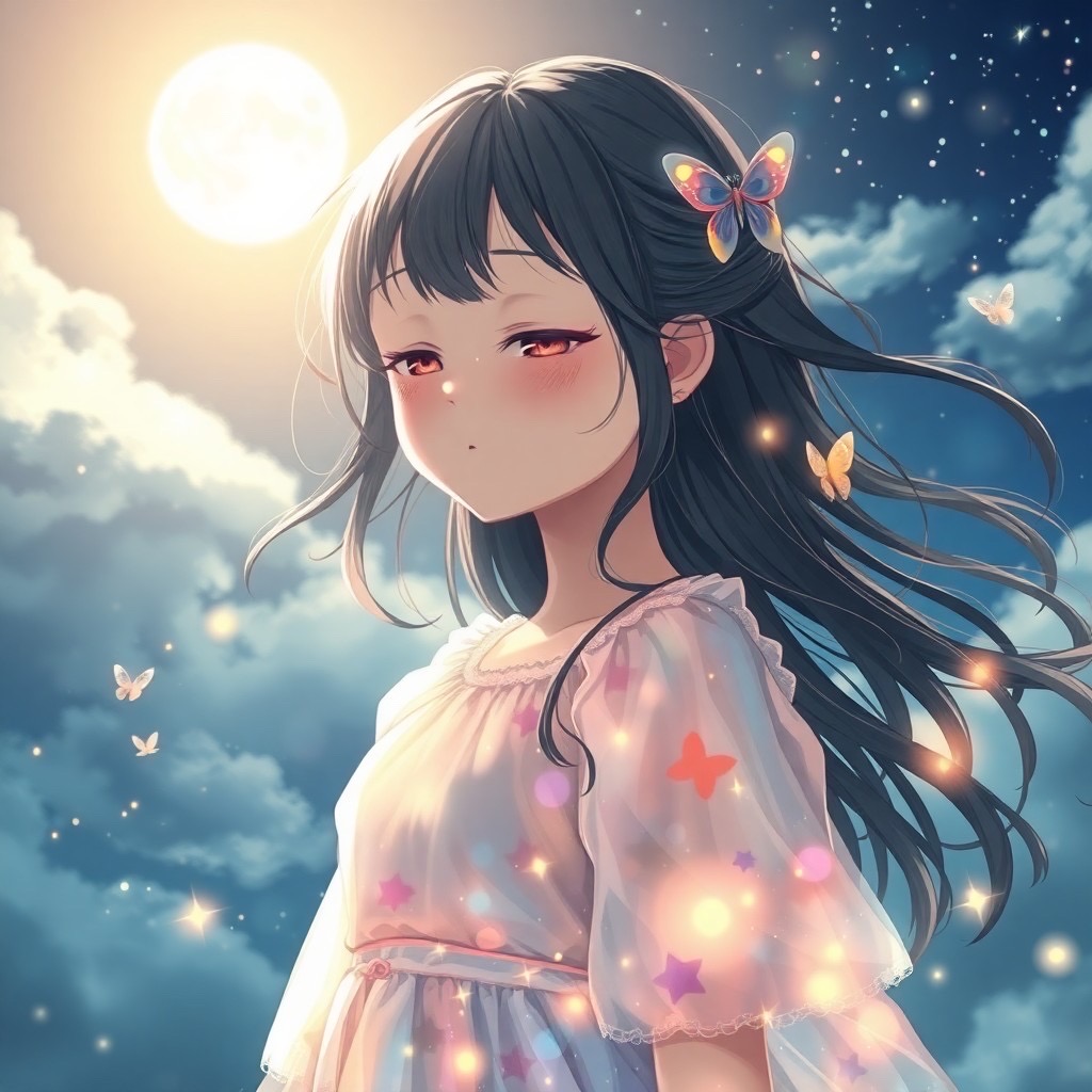 Prompt: A portrait of a cute girl with a luminous dress, eyes shut, mouth closed, long hair, wind, sky, clouds, the moon, moonlight, stars, universe, fireflies, butterflies, lights, lens flares effects, swirly bokeh, brush effect, In style of Yoji Shinkawa, Jackson Pollock, wojtek fus, by Makoto Shinkai, concept art, celestial, amazing, astonishing, wonderful, beautiful, highly detailed, centered | negative prompt: bad anatomy, bad proportions, blurry, cropped, deformed, disfigured, duplicate, error, extra arms, extra fingers, extra legs, gross proportions, jpeg artifacts, low quality, lowres, malformed limbs, missing arms, missing legs, morbid, mutated hands, mutation, mutilated, out of frame, poorly drawn face, poorly drawn hands, signature, text, too many fingers, ugly, username, watermark, worst quality, easynegative, extra, fewer fingers, bad-artist-anime - Seed: 68363935, Scale: 7.0, Steps: 50