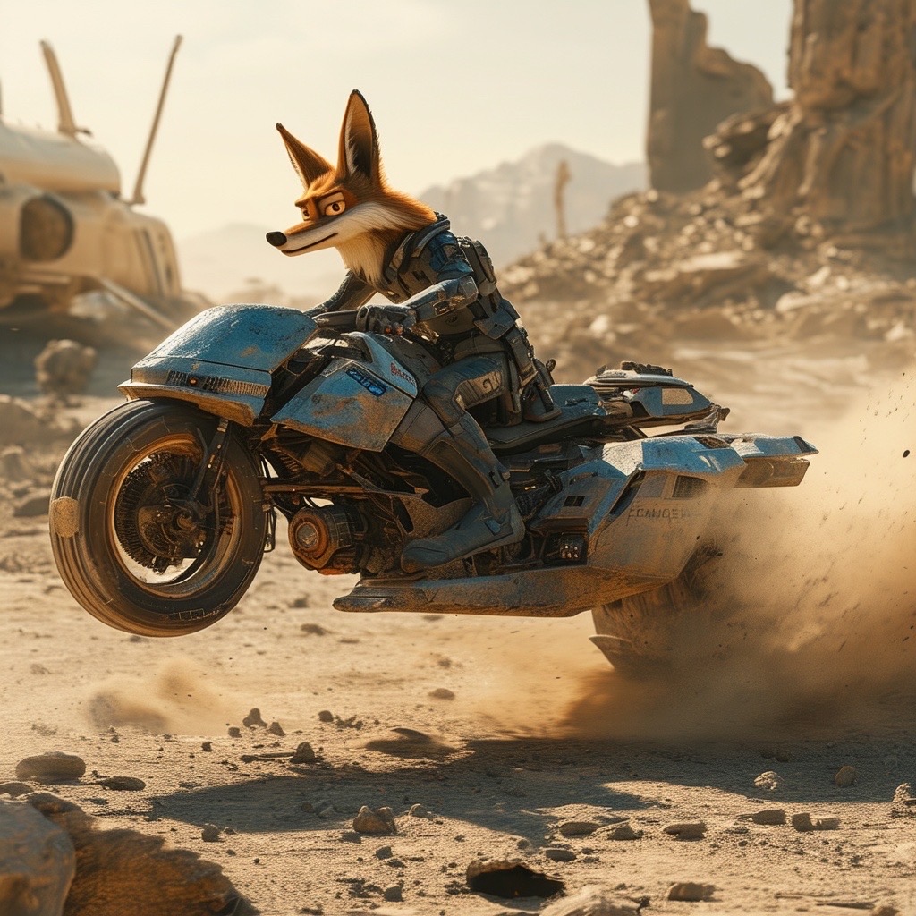 Prompt: Wild e Coyote mounting a high-tech hoverbike racing across a desolate landscape in a Post-Apocalyptic Wasteland Chase. Use a dusty palette of faded blue and dusty brown to depict the harsh environment, with wrecked vehicles and swirling dust clouds. --ar 3:2 --style raw - Seed: 675555101, Scale: 7.0, Steps: 40