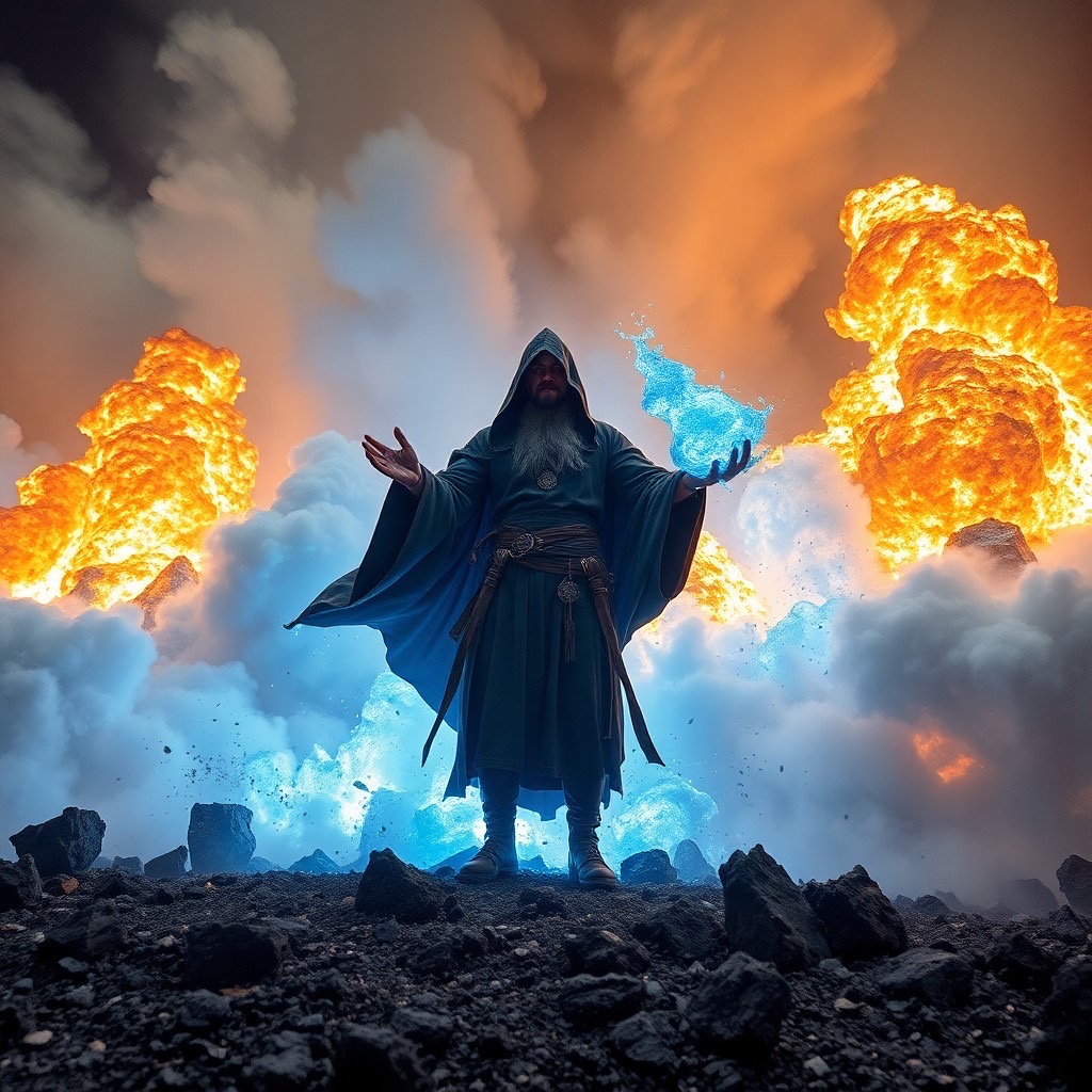 Prompt: a powerful sorcerer standing amidst a volcanic pyroclastic surge, surrounded by explosive force and billowing clouds of ash and fire. the environment is chaotic with intense blue molten elements contrasting against silver ash and smoke, creating a dramatic and surreal scene. camera shot: wide angle, lens: 35mm, view: eye level. style: raw and intense (explosive force:1.4), (dramatic colors:1.3), (chaotic atmosphere:1.2). - Seed: 723906872, Scale: 7.0, Steps: 40