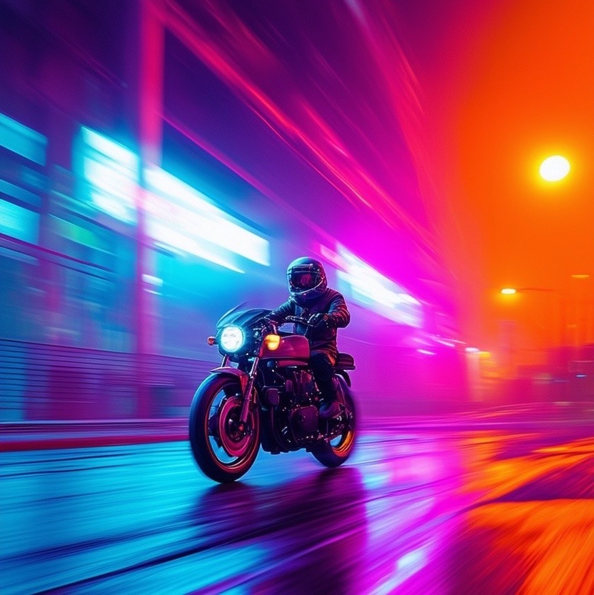 Prompt: a synthwave retrowave future representation of a lone motorcyclist speeding through the night, surrounded by a vibrant urban landscape, neon purple and bright orange lighting illuminating the scene, creating a nostalgic atmosphere mixed with cyberpunk elements. camera shot: low angle perspective, using a 50mm lens to emphasize the speed and motion. style: vivid, surreal, and dynamic (neon purple:1.3), (bright orange:1.3), capturing the essence of the 80s with futuristic undertones. - Seed: 233685245, Scale: 7.0, Steps: 40