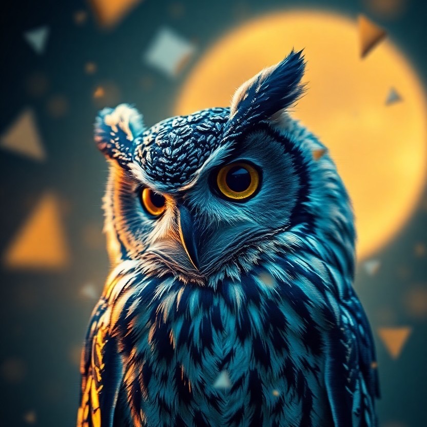 Prompt: an owl depicted in a glitch art datamoshed dreamscape, where digital distortions and pixelations create a surreal atmosphere. the environment is filled with a vibrant midnight blue and gold color scheme (midnight blue:1.5), (gold:1.5) to evoke an otherworldly feel. this imagery is set against a softly blurred background featuring fragmented shapes, with a focus on the owl's intricate features in a close-up shot, captured using a wide-angle lens. style: raw. - Seed: 220206292, Scale: 7.0, Steps: 40