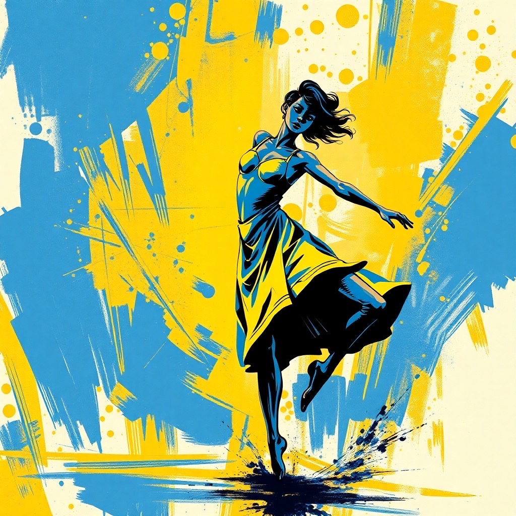 Prompt: a dancer depicted in graphic novel expressionism: set against an abstract backdrop, showcasing bold blue and gold colors. the artwork features dramatic brush strokes and innovative panel compositions that emphasize the emotional intensity of the dancer through exaggerated forms and dynamic movements. capture the dancer in a mid-action pose, highlighting the fluidity of motion. style: raw, (graphic novel expressionism:1.3), (bold colors:1.2). - Seed: 412116444, Scale: 7.0, Steps: 40