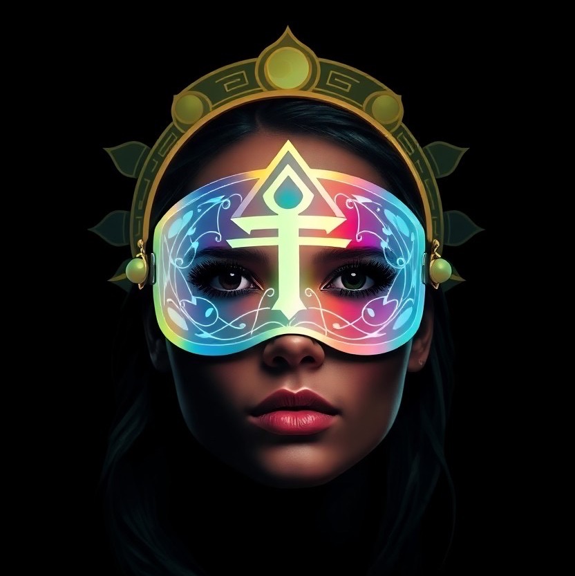 Prompt: close-up portrait of a celestial goddess with a symbol mask, surrounded by the vastness of space, set against a completely black background. the mask reflects prismatic colors, giving it a pop art and holographic effect. style photographic - Seed: 405149172, Scale: 7.0, Steps: 50