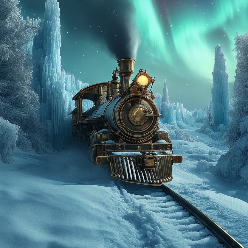 Prompt: an intricately designed sci-fi white futuristic steampunk train traversing an outer world blanketed in shimmering snow and crystalline ice formations, under a twilight sky filled with swirling auroras. camera shot: low angle close-up that emphasizes the train's detailed brass fittings and gears, juxtaposed against the icy landscape. style: whimsical, with a blend of steampunk elegance and surreal winter aesthetics, (intricate details:1.3), (ethereal lighting:1.2). - Seed: 119170157, Scale: 7.0, Steps: 40