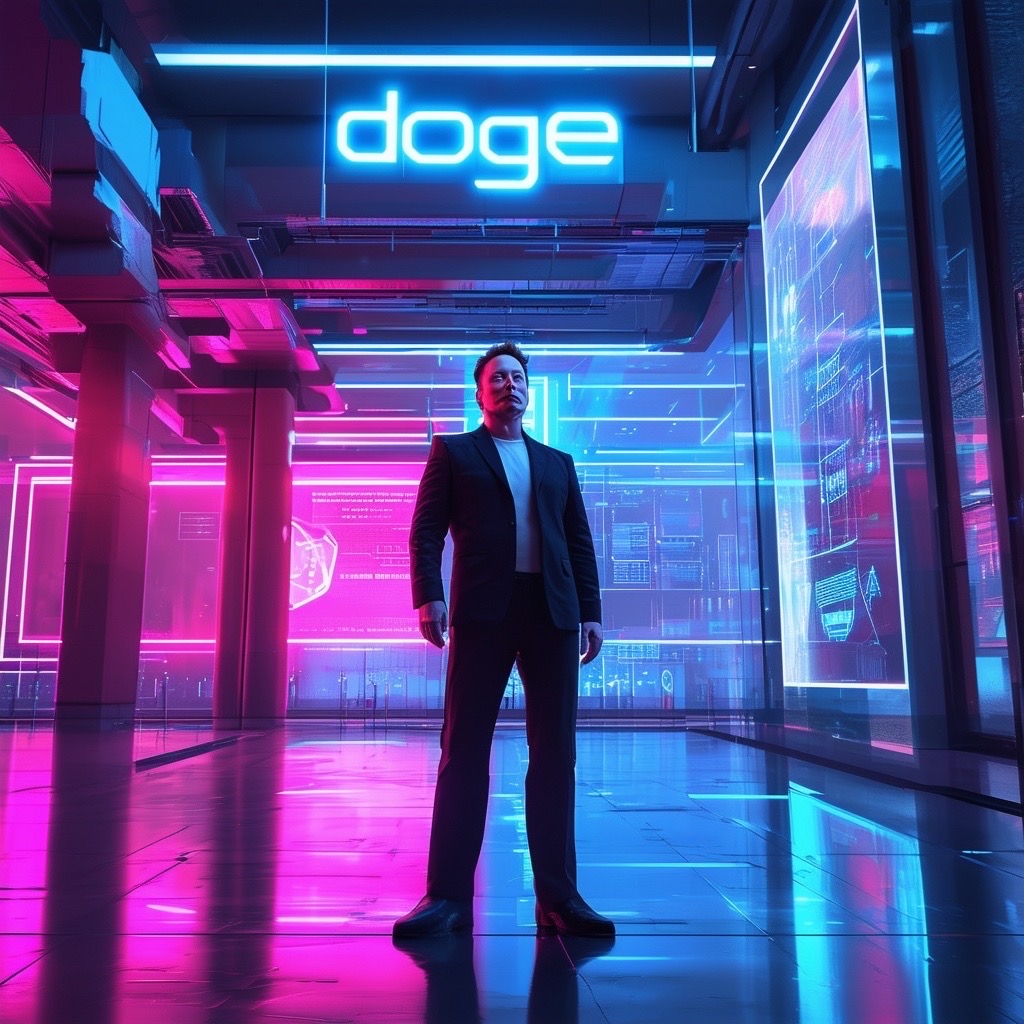 Prompt: a futuristic government office symbolizing a new department of efficiency, abbreviated as doge, with elon musk standing confidently at the forefront. the environment is sleek and modern, featuring bright neon lighting (neon lighting:1.3) and digital displays showcasing innovative technology. the camera angle is a low angle shot, emphasizing musk's leadership. style: hyper-realistic, vibrant, and futuristic. - Seed: 840614624, Scale: 7.0, Steps: 40
