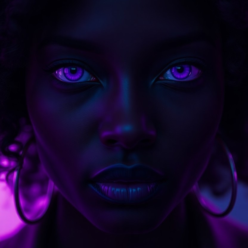 Prompt: an enigmatic portrait of a beautiful afro-asian woman, capturing her essence with striking purple eyes in 'chiaroscuro neon'. the scene blends deep facial shadows with vibrant neon accents, showcasing a palette of deep grey and neon purple. the atmosphere reflects an abrasive authenticity, enhanced by ambient occlusion. shot in a close-up view with a 50mm lens, high angle perspective. style: raw (neon accents:1.3), (ambient occlusion:1.2), (chiaroscuro:1.4). - Seed: 263390921, Scale: 7.0, Steps: 40