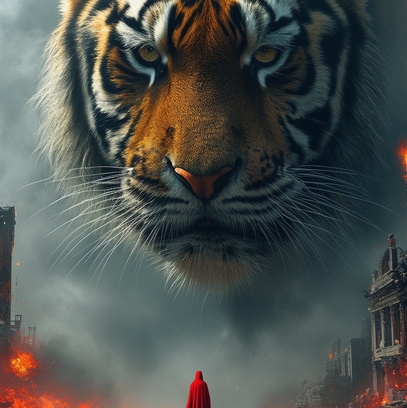 Prompt: a giant tiger with its face filling most of the frame, showcasing its intricate details and enormous size, towers over a tiny person wearing a red cloak standing below. the background presents a majestic, cinematic apocalyptic world filled with chaos, bathed in dramatic lighting. camera shot: close-up with a low angle view, using a 50mm lens. style: vibrant, surreal, and chaotic atmosphere (apocalyptic world:1.3), (cinematic:1.2), (large detailed features:1.5). - Seed: 934020463, Scale: 7.0, Steps: 40
