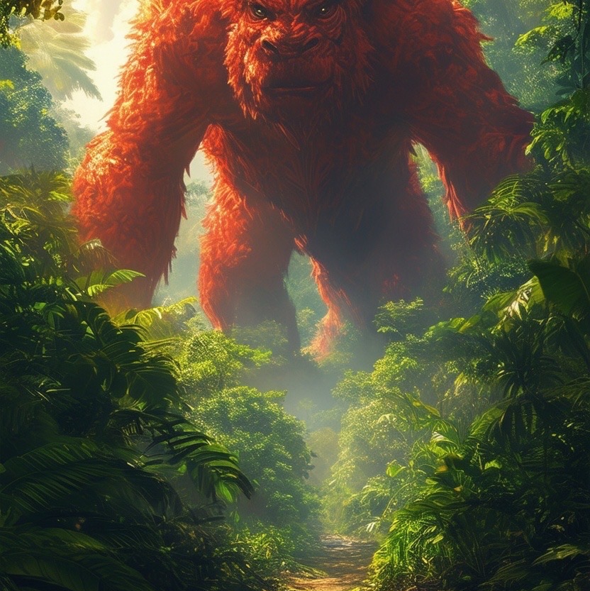 Prompt: a gigantic red beast towering over a vibrant jungle, surrounded by thick foliage and sunlight filtering through the leaves, creating a dappled effect on its colossal form. the beast features intricate patterns on its skin that glow softly in the warm light (gigantic:1.5), (whimsical:1.3). camera shot: low angle using a 24mm wide lens, emphasizing its immense height against the sky. style: whimsical and vibrant, capturing the majesty of this jungle creature. - Seed: 337730642, Scale: 7.0, Steps: 40