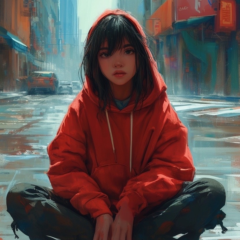Prompt: Teen girl in hoodie sitting on the floor on the street, by Dustin Nguyen, Akihiko Yoshida, Greg Tocchini, Greg Rutkowski, Cliff Chiang, 4k resolution, detailed render, post-processing, hyperdetailed face, face at camera, epic background - Seed: 309019192, Scale: 9.87, Steps: 30