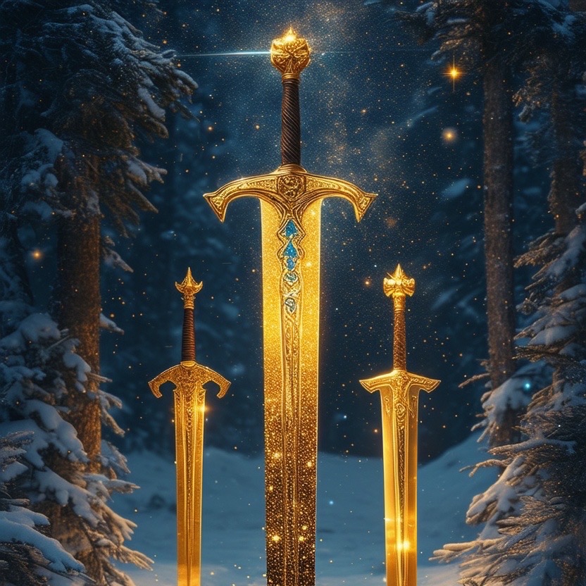 Prompt: celestial relics: the cosmic swords, an artistic representation featuring swords gilded with stardust, set in frozen tundras and serene earthly parks under soft, radiant lighting. each sword embodies an intersection of the earthly and celestial, showcasing intricate golden elements merging with star-speckled surfaces. the scene conveys a cosmic mystery through rich blacks and luminous golds. captured in a panoramic view with a 50mm lens, the artwork radiates (timeless elegance:1.3), (surreal beauty:1.2), and (cosmic wonder:1.4). - Seed: 749841793, Scale: 7.0, Steps: 40