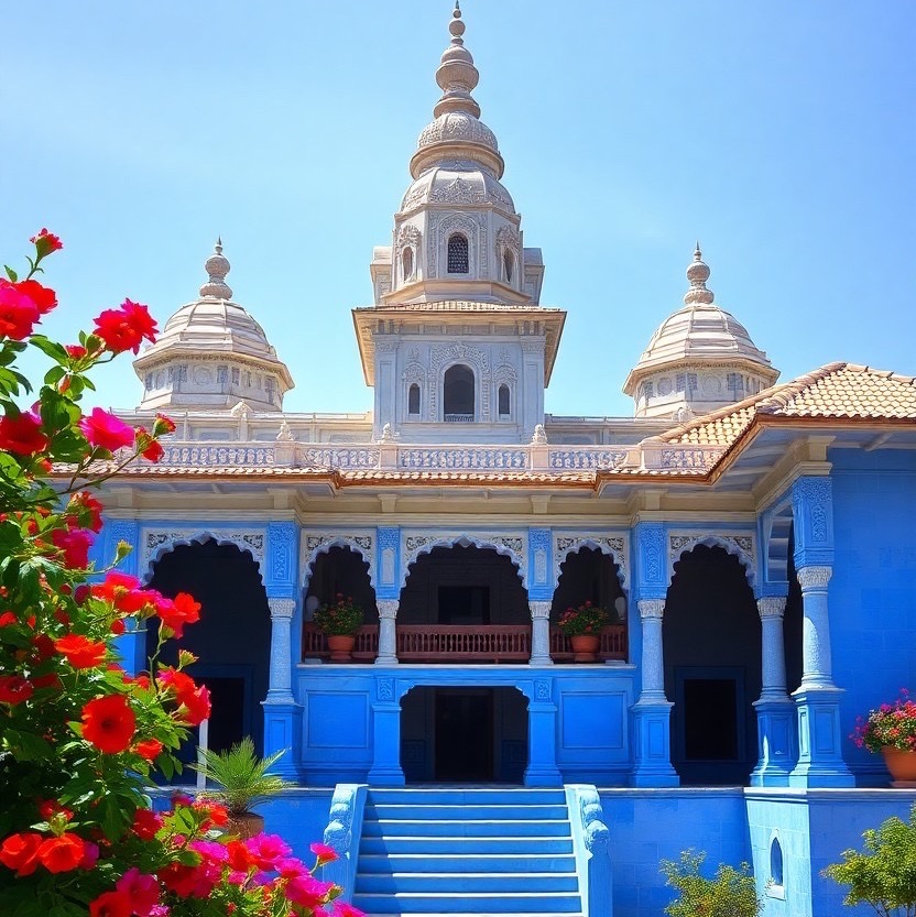 Prompt: 3 Architecture, monastery, vibrant flowers. blue Indian architecture, by Jean Leon Gerome, Asher Brown Durand - Seed: 876643207, Scale: 9.87, Steps: 30