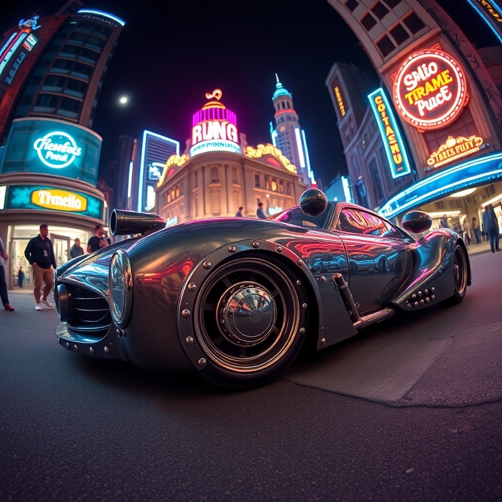 Prompt: a dieselpunk futuristic car: a sleek, metallic vehicle adorned with rivets and steam vents, in a bustling urban environment with retro-futuristic architecture in the background, under a neon-lit night sky. shot with a fisheye lens offering a distorted perspective, capturing both the car's details and the lively street scene. style: intricate and whimsical, inspired by behance designs, (dieselpunk:1.3), (neon lighting:1.2). - Seed: 462201913, Scale: 7.0, Steps: 40