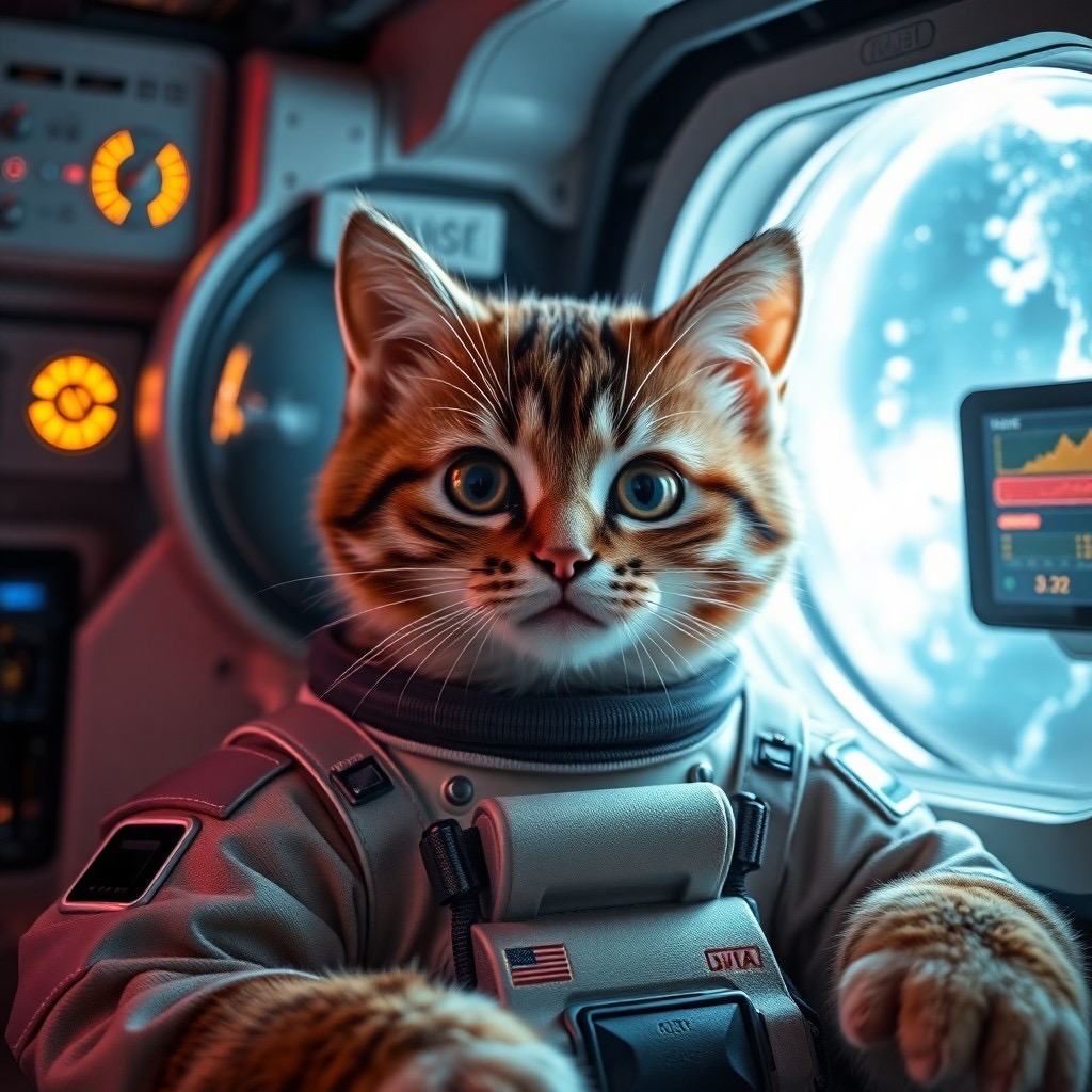 Prompt: Ralistic, ((Masterpiece, best quality) ), cute cat in astronaut suite space, Ultra-High-Definition, (Masterpiece:1. 5) (best quality:1. 5) , 8k - Seed: 268388895, Scale: 7.0, Steps: 40