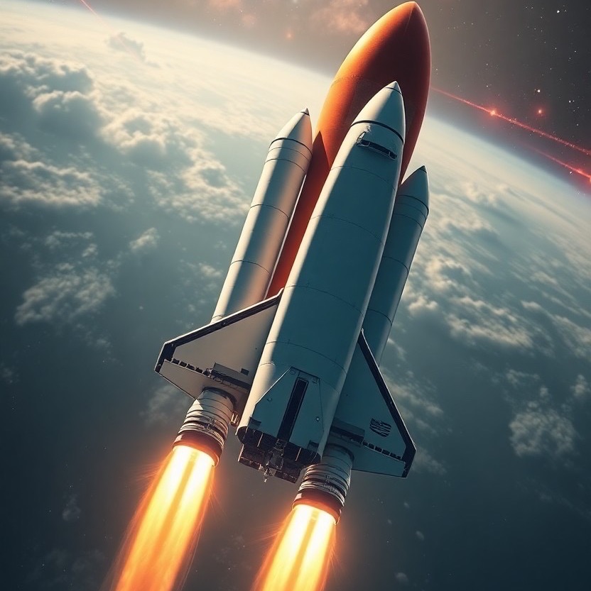 Prompt: an epic illustration of a space shuttle launching into orbit, with fiery exhausts:1.4, cinematic:1.5, high-res, realistic, breathtaking, intense, sci-fi, futuristic, nasa, spacex, blue origin, jeff bezos:1.2, elon musk:1.2, richard branson:1.2, space exploration, celestial, stars, planets, black hole:1.4, galaxy, universe - Seed: 798818975, Scale: 7.04, Steps: 50