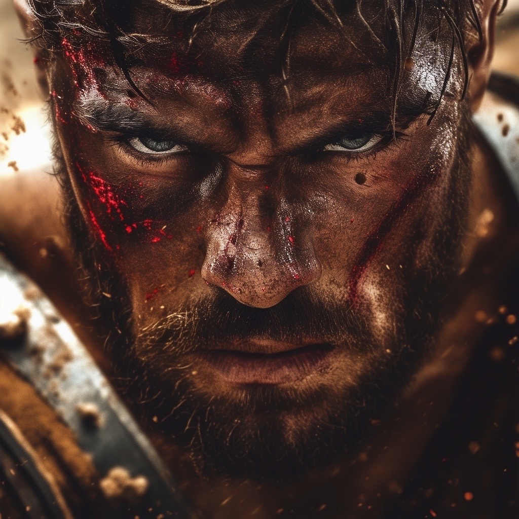 QT your Gladiator! Prompt: gladiator with scars on his face, dirty with blood sprinkles on his rugged features, exuding a fierce and determined expression. the setting is a gritty arena filled with sand and remnants of past battles, under dramatic, high-contrast lighting that highlights his intense gaze. captured in high definition with a 50mm lens in a close-up shot, the image showcases intricate details of sweat and grime on his skin. this artwork embodies (ferocious intensity:1.3), (raw realism:1.5), and (heroic strength:1.4) in stunning 4k, hdr, and 8k resolution. - Seed: 138321509, Scale: 7.0, Steps: 40