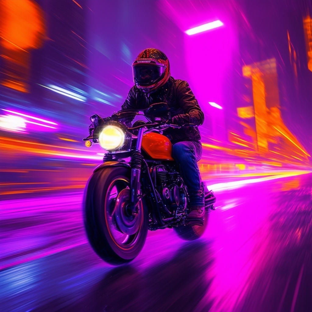 Prompt: a synthwave retrowave future representation of a lone motorcyclist speeding through the night, surrounded by a vibrant urban landscape, neon purple and bright orange lighting illuminating the scene, creating a nostalgic atmosphere mixed with cyberpunk elements. camera shot: low angle perspective, using a 50mm lens to emphasize the speed and motion. style: vivid, surreal, and dynamic (neon purple:1.3), (bright orange:1.3), capturing the essence of the 80s with futuristic undertones. - Seed: 804228238, Scale: 7.0, Steps: 40