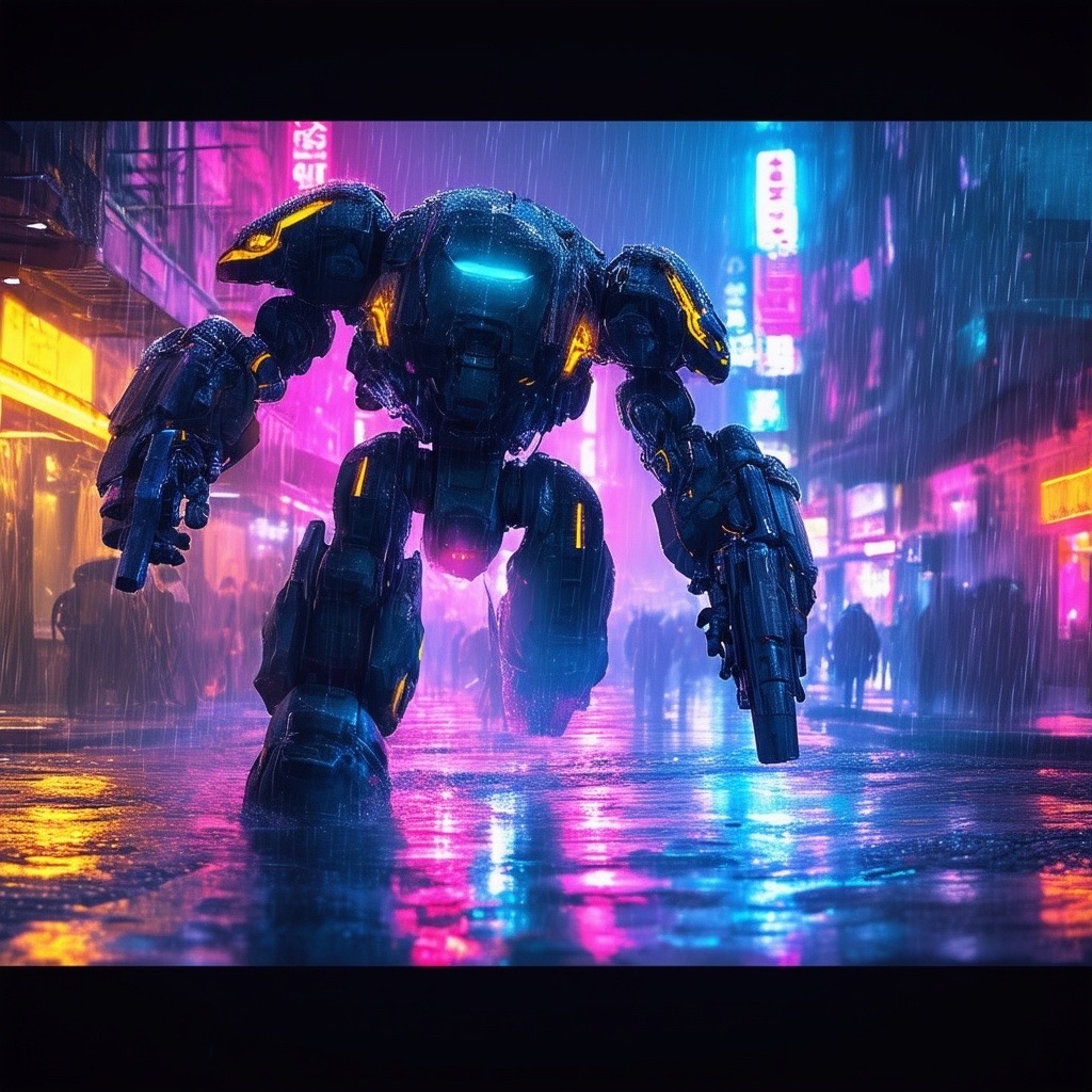 Prompt: an ai-controlled mech engaged in a cyberpunk mercenary showdown: cybernetically enhanced warriors clashing in a rain-soaked neon-lit street. the scene is drenched with reflections of bold gold and sapphire blue neon accents illuminating their augmentations and weaponry. captured in a mid-action shot with a 35mm lens from a low angle, emphasizing the intensity of the battle and the height of the mech. style: raw, (high contrast:1.3), (dynamic lighting:1.2), gritty and vibrant. - Seed: 228354000, Scale: 7.0, Steps: 40