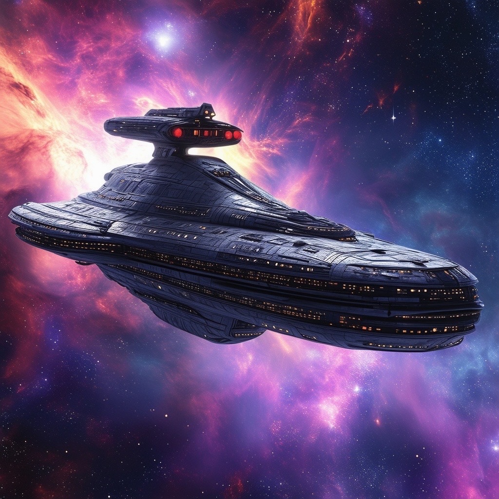 Prompt: a colossal starship soaring through the vastness of space, surrounded by glittering stars and nebulae in vibrant colors, with intricate details on its metallic surface. the scene is illuminated by ethereal cosmic light, highlighting the ship's majestic design. camera shot: wide angle, with a slight low angle to emphasize its grandeur. style: hyper-realistic with a touch of futurism (vibrant colors:1.3), (majestic:1.5), (ethereal light:1.2). - Seed: 505134878, Scale: 7.0, Steps: 40