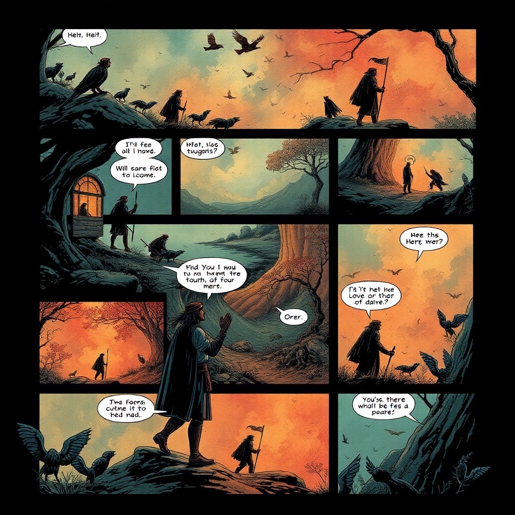 Prompt: A photorealistic comic style page telling the story in several dramatic scenes of fantasy book with multiple narratives, in the style of romantic comics, vibrant patterns, bucolic scenes, graffiti-inspired illustrations, romantic conception, each scene flowing into the next with interconnected frames that reveal a story of valor and introspection. Surrounded by mystical creatures and symbolic objects--all seamlessly integrated into the surroundings, enhancing the sense of a timeless quest. Rendered in the style of photorealistic romantic graphic novels, with a muted, sophisticated color palette punctuated by strategic splashes of vibrant color. Inspired by French avant-garde, the imagery possesses a dreamlike, mystical quality, with delicate, intricate linework that blurs fantasy and reality, capturing the essence of romance and adventure. - Seed: 784433917, Scale: 7.0, Steps: 40