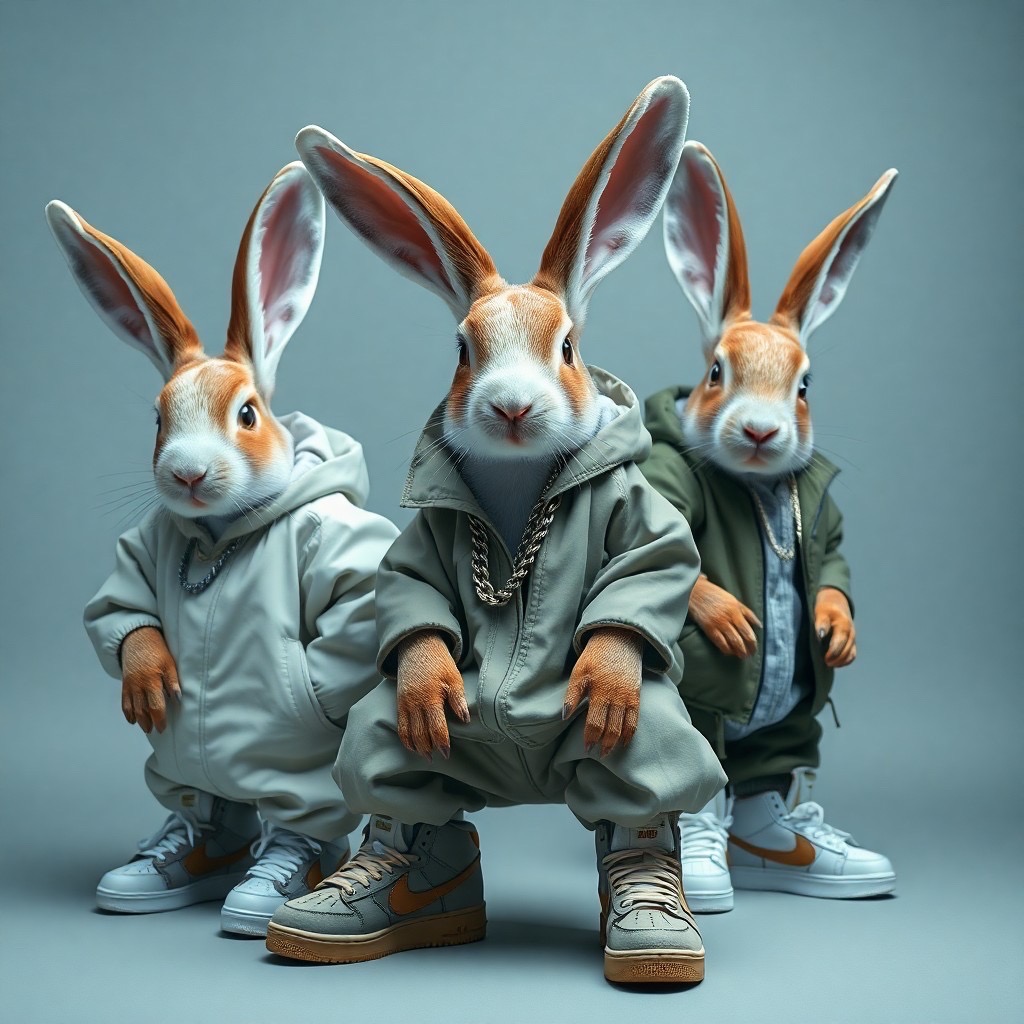 Prompt: In the style of a fashion shoot, a photo of an anthropomorphic rabbits, wearing large hiphop clothes from 1990s and sneakers, fantasy, insanely detailed and intricate, hypermaximalist, high fashion - Seed: 285372334, Scale: 7.0, Steps: 40