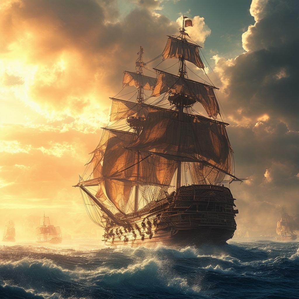 Prompt: a pirate ship sailing on tumultuous ocean waves, captured in ultra-detailed, hyper-realistic artwork that feels dynamic and alive. the scene features cinematic composition with rich atmospheric elements, showcasing volumetric lighting that filters through morning mist, creating dramatic contrasts. the ship's sails billow majestically against a vibrant sky, hinting at adventure on the horizon. rendered in stunning 8k resolution, this concept art embodies (epic grandeur:1.5), (realistic textures:1.4), and (cinematic depth:1.3) in a 3:1 aspect ratio. - Seed: 191809346, Scale: 7.0, Steps: 40