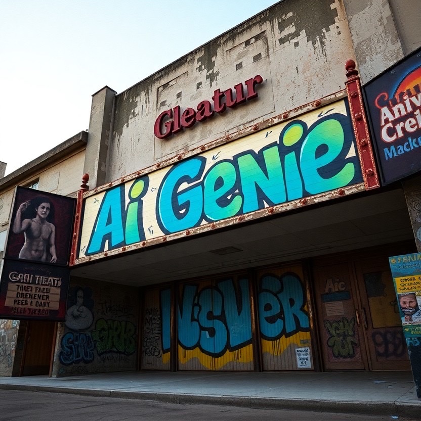 Prompt: a rundown theater depicted in an urban decay graffiti revival, showcasing the beauty of abandoned spaces transformed by vibrant and colorful graffitis stating AI Genie, featuring a contrasting color scheme of sapphire blue and sunflower yellow. environment: outdoor, soft light enhancing the colors. camera shot: low angle view, using a 35mm lens to capture the intricate details of the artwork on the decaying walls. style: raw, gritty, with a focus on the juxtaposition of decay and vibrant renewal. - Seed: 238665274, Scale: 7.0, Steps: 40