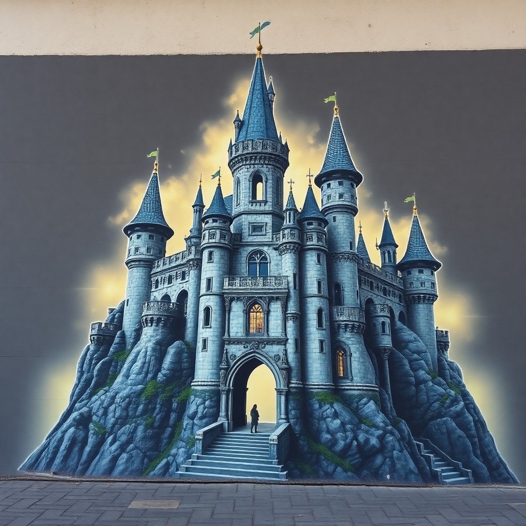 Prompt: A 3D Street Art Illusion of a mysterious ancient castle, creating a trompe-l??il effect on a wall. Employ realistic shading with stormy grey and aged stone to blur the line between art and reality. --ar 3:2 - Seed: 208001815, Scale: 7.0, Steps: 40