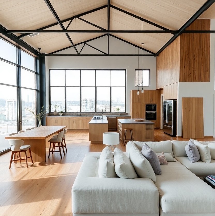 Prompt: Interior design, open plan, kitchen and living room, modular furniture with cotton textiles, wooden floor, high ceiling, large steel windows viewing a city - Seed: 111777263, Scale: 9.87, Steps: 30