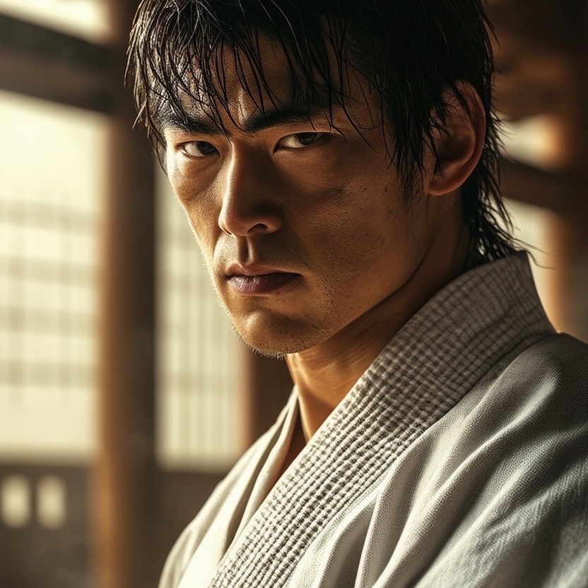 Prompt: Ryu from Street Fighter, clad in a traditional white kimono, captured mid-action in an intense fight scene, set in a misty dojo. soft light filters through the wooden beams, enhancing the focused expression on his face. camera shot: close-up portrait, using a 85mm lens to emphasize detail. style: photorealistic, showcasing intricate textures of the kimono and emotional intensity (photorealistic:1.5), (dynamic movement:1.3), (soft light:1.2). - Seed: 977219659, Scale: 7.0, Steps: 40