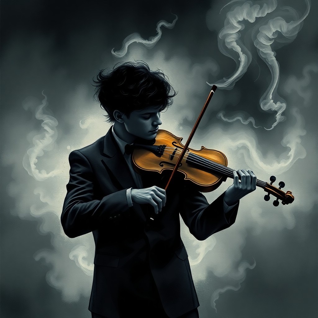 Prompt: A violinist lost in thought, surrounded by swirling clouds of smoke and mist, illustrated in a style that blends Film Noir and Impressionism, with moody, monochromatic tones of pewter and smoke --ar 3:2 --style raw - Seed: 699746290, Scale: 7.0, Steps: 40