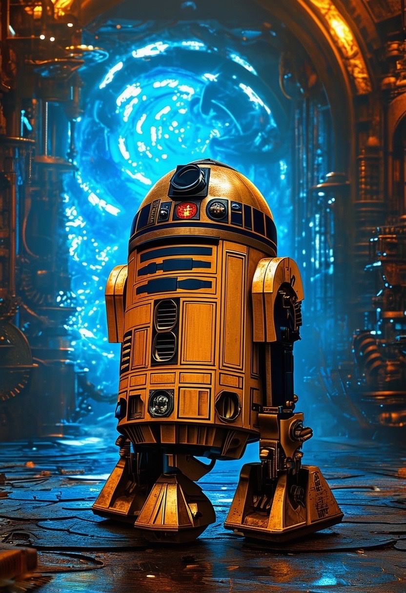 Prompt: a cinematic scene of R2-D2 depicted in a steampunk-inspired medieval world, surrounded by a backdrop of glowing gears and swirling magical energy, creating an atmosphere filled with wonder and ingenuity. the setting features warm bronze tones complemented by soft blue highlights that illuminate the intricate details of optimus prime's design. camera shot: close-up emphasizing his heroic stature, using a 50mm lens for a dramatic effect. style: majestic, intricate, and radiant (warm bronze:1.3), (soft blue:1.2), merging technology with a fantastical realm. - Seed: 557606999, Scale: 7.0, Steps: 40