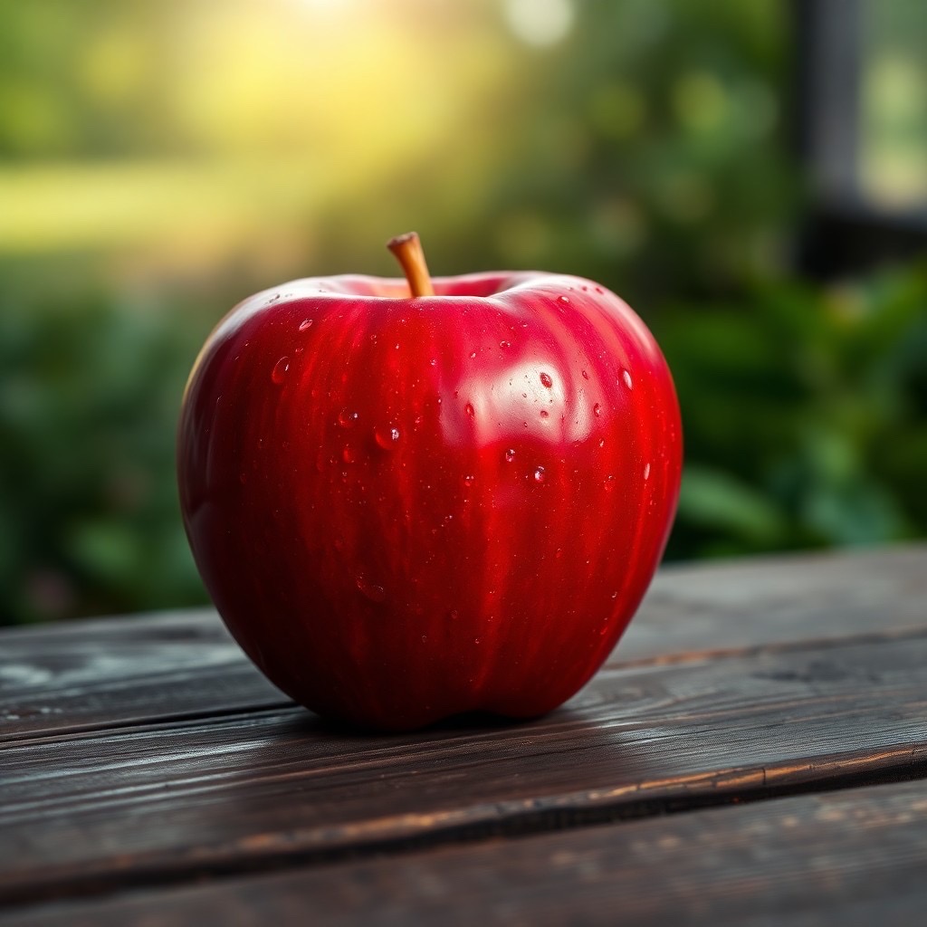 Prompt: a single, vividly red apple rests on a rustic wooden table, glistening with dew drops under soft morning light. the background is a blurred outdoor scene with greenery, creating a serene atmosphere. the shot is a close-up using a 35mm lens from a high angle, capturing the apple's glossy surface and intricate texture. style: hyper-realistic and vibrant, evoking a sense of freshness and health (natural lighting:1.3), (textured detail:1.2). - Seed: 872974024, Scale: 7.0, Steps: 40
