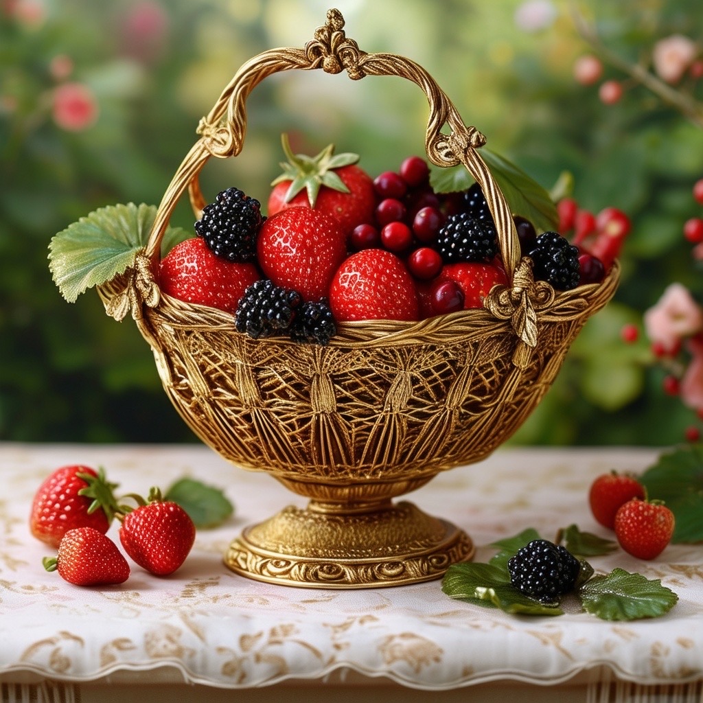 Prompt: Victorian gold basket with red fruits: strawberry, blackberry and cranberry, extremely detailed and realistic, on a garden table, with a Victorian garden background - Seed: 495025753, Scale: 7.15, Steps: 40