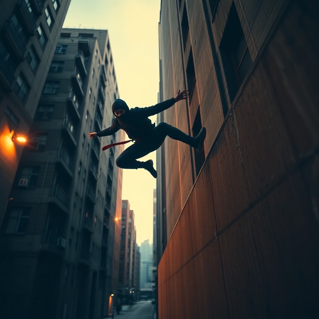 Prompt: a ninja performing high-speed urban parkour, gracefully leaping between towering buildings and scaling rough concrete walls, set in a gritty urban environment during twilight with soft shadows illuminating the scene. the color palette features gritty gray tones juxtaposed with vibrant red accents to highlight the action. camera shot: dynamic low angle with a 24mm lens to emphasize movement and depth. style: raw, capturing the adrenaline and intensity of the moment. - Seed: 178067384, Scale: 7.0, Steps: 40